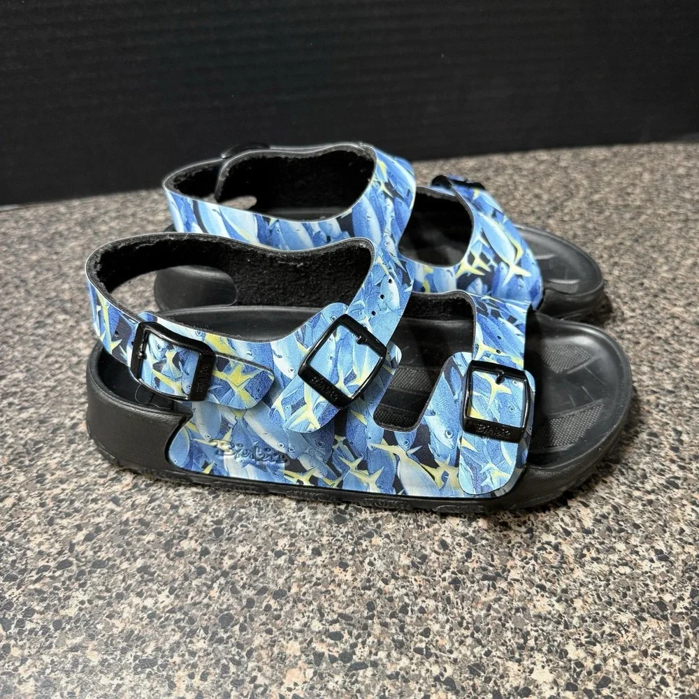 Birki's Birkenstock Sandals 34 Blue Fish Print EVA Double Strap Haiti Kids 3-3.5
